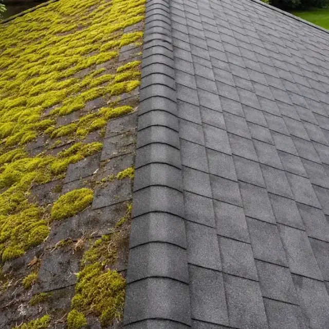 Slate roof with thick yellow moss cleared from one side