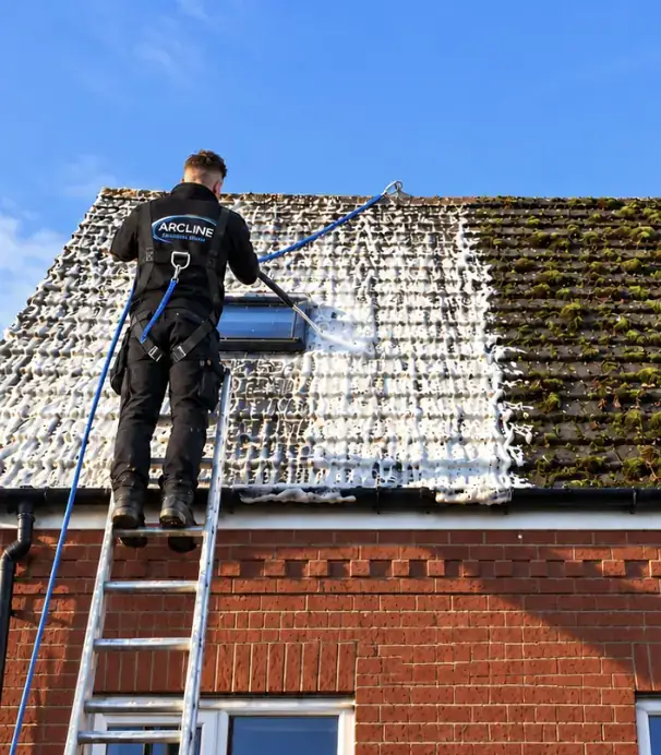 Arcline on a ladder spraying biocide treatment across a mossy tiled roof